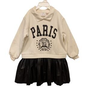 Zara Paris Collared Sweatshirt Dress White‎ Black Girls 3-4Y Faux Leather Skirt